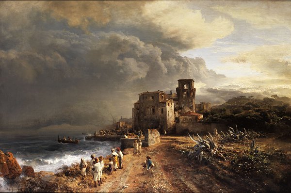 Oswald Achenbach Verschattete Landschaft am Meer mit Figurenstaffage Wandbild