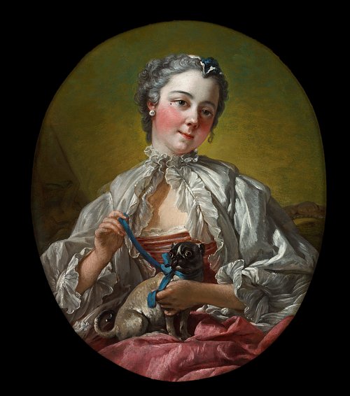 Francois Boucher A young lady holding a pug dog Wandbild