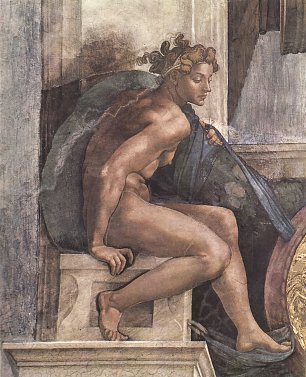 Michelangelo Buonarroti Sixtinische Kapelle Schoepfungsgeschichte Schoepfergott und Juenglinge Detail Wandbilder 