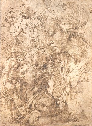 Michelangelo Buonarroti Studienblatt Madonna und Figuren Wandbilder 