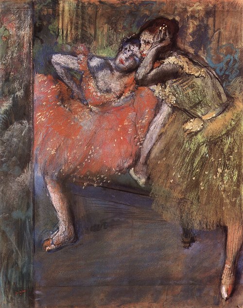 Edgar Degas Zwei Taenzerinnen hinter den Kulissen Wandbild