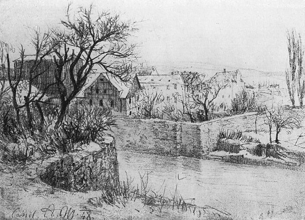 Adolph Menzel Dorf an einem Fluss in der Naehe von Kassel Wandbild