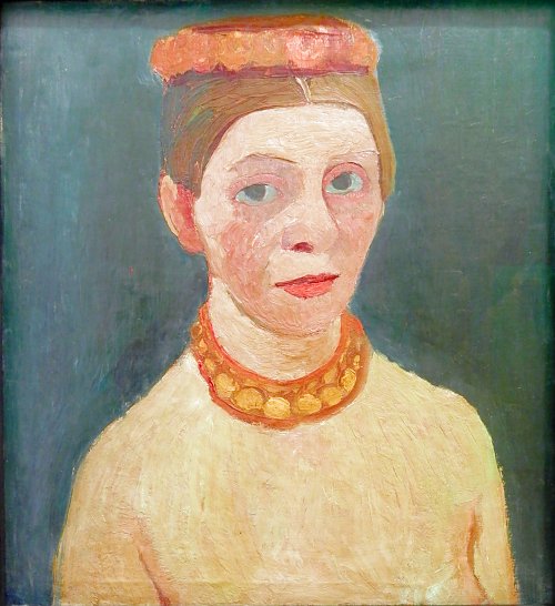 Paula Modersohn Becker Selbstportraet mit rotem Blumenkranz und Kette Wandbild