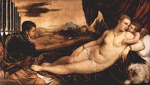 Tizian Venus mit Orgelspieler Amor und Hund Wandbilder 